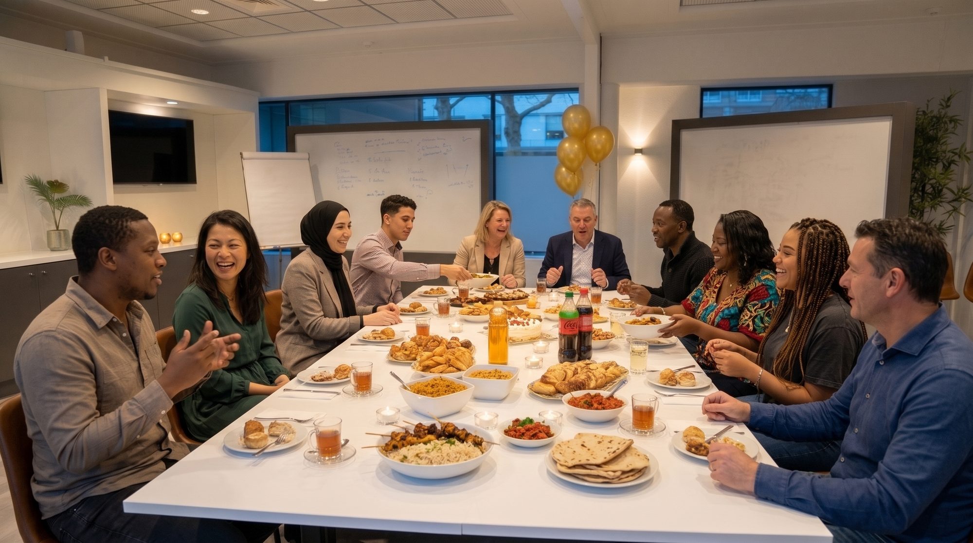 Gasten van verschillende achtergronden en leeftijden dineren en lachen aan de grote witte tafel bij Third Place, met schalen om te delen, thee en kaarslicht