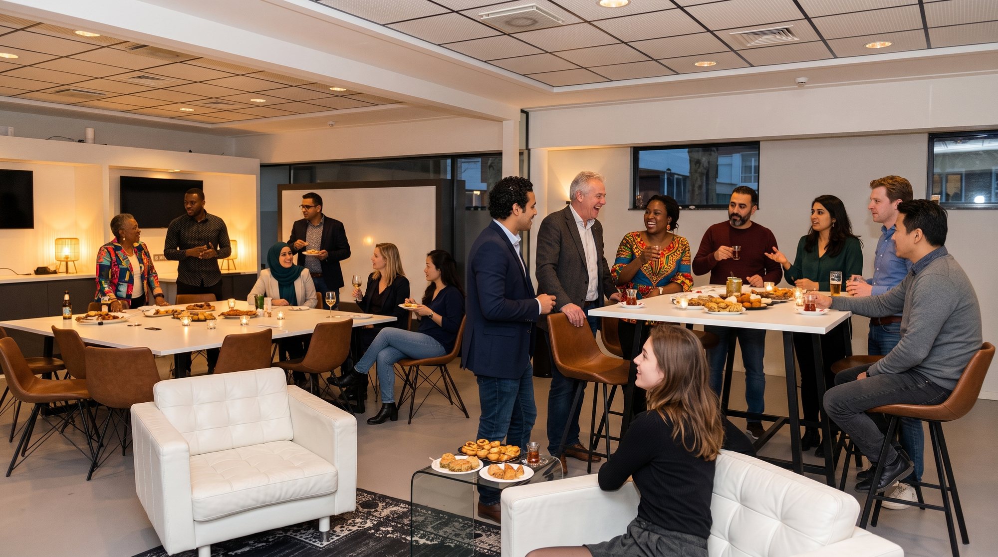 Een gemengd gezelschap collega's van verschillende leeftijden staat en zit rond de grote witte tafels bij Third Place, met kaarsen, schalen met hapjes en thee in glaasjes
