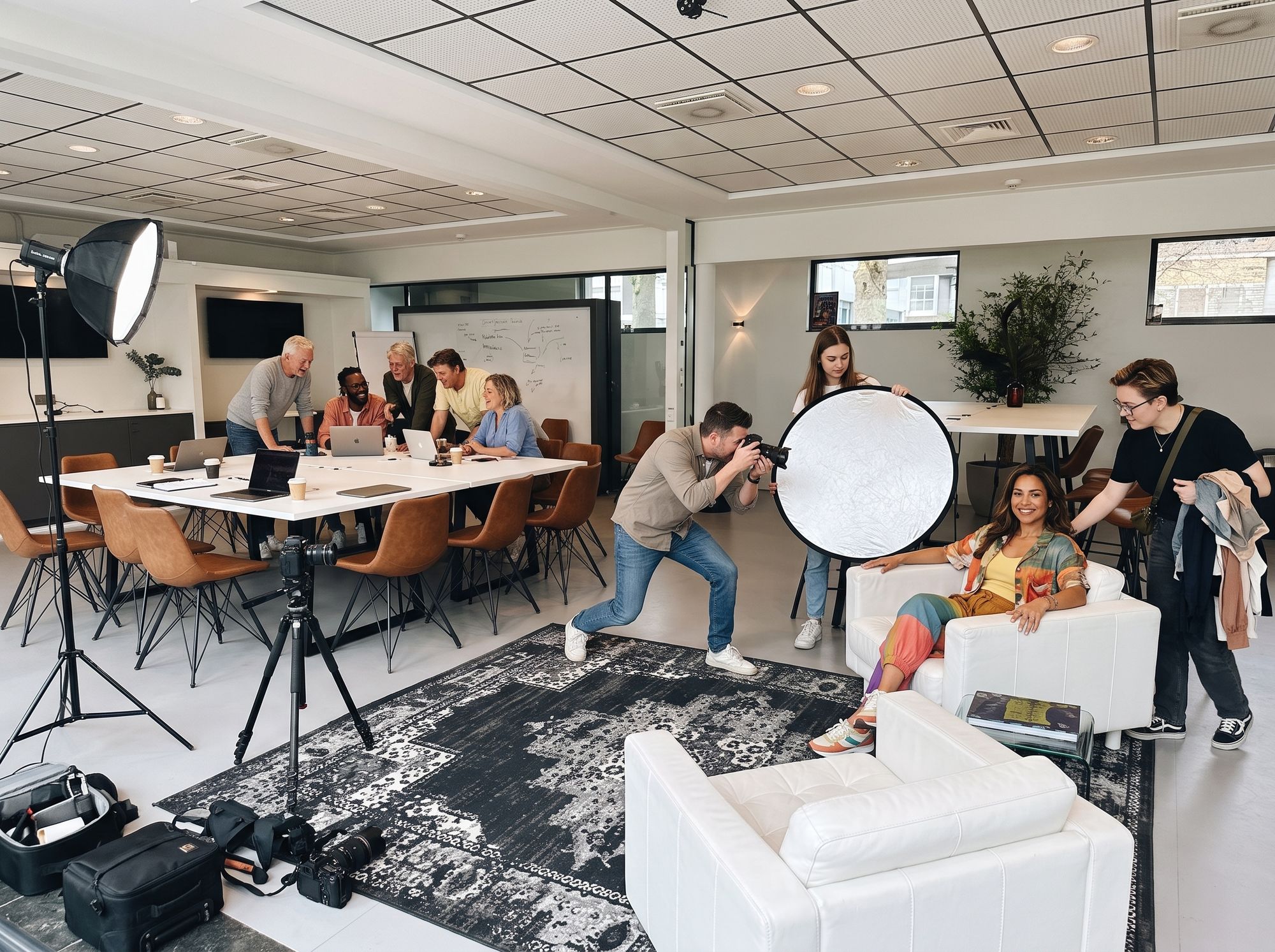 Fotoshoot in de zaal van Third Place: een fotograaf met reflectiescherm en lamp, een model in een witte fauteuil en een crew rond de grote witte tafel