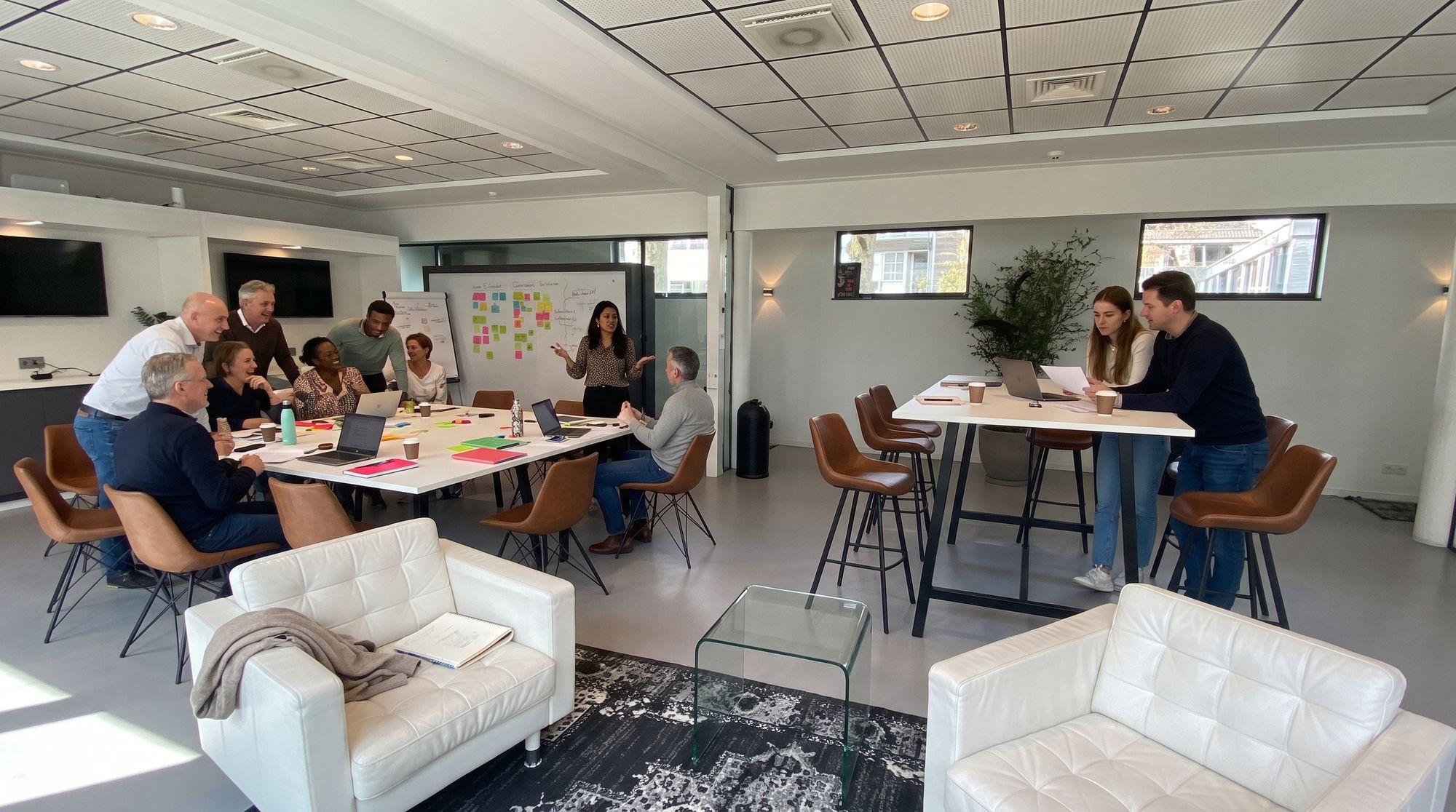 Een team werkt overdag samen aan de grote witte tafel bij Third Place, met een whiteboard vol post-its en ruimte voor iedereen