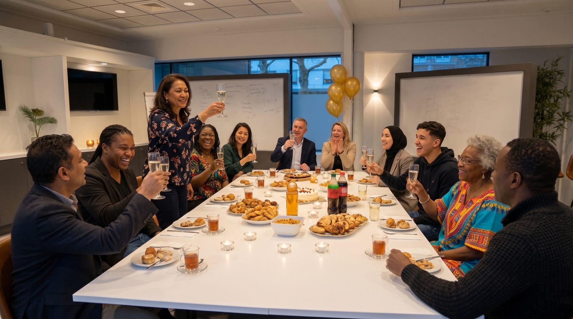 Gasten van verschillende achtergronden en leeftijden heffen het glas rond de grote witte tafel bij Third Place, een vrouw staat op voor een toost, met schalen, gebak en thee op tafel
