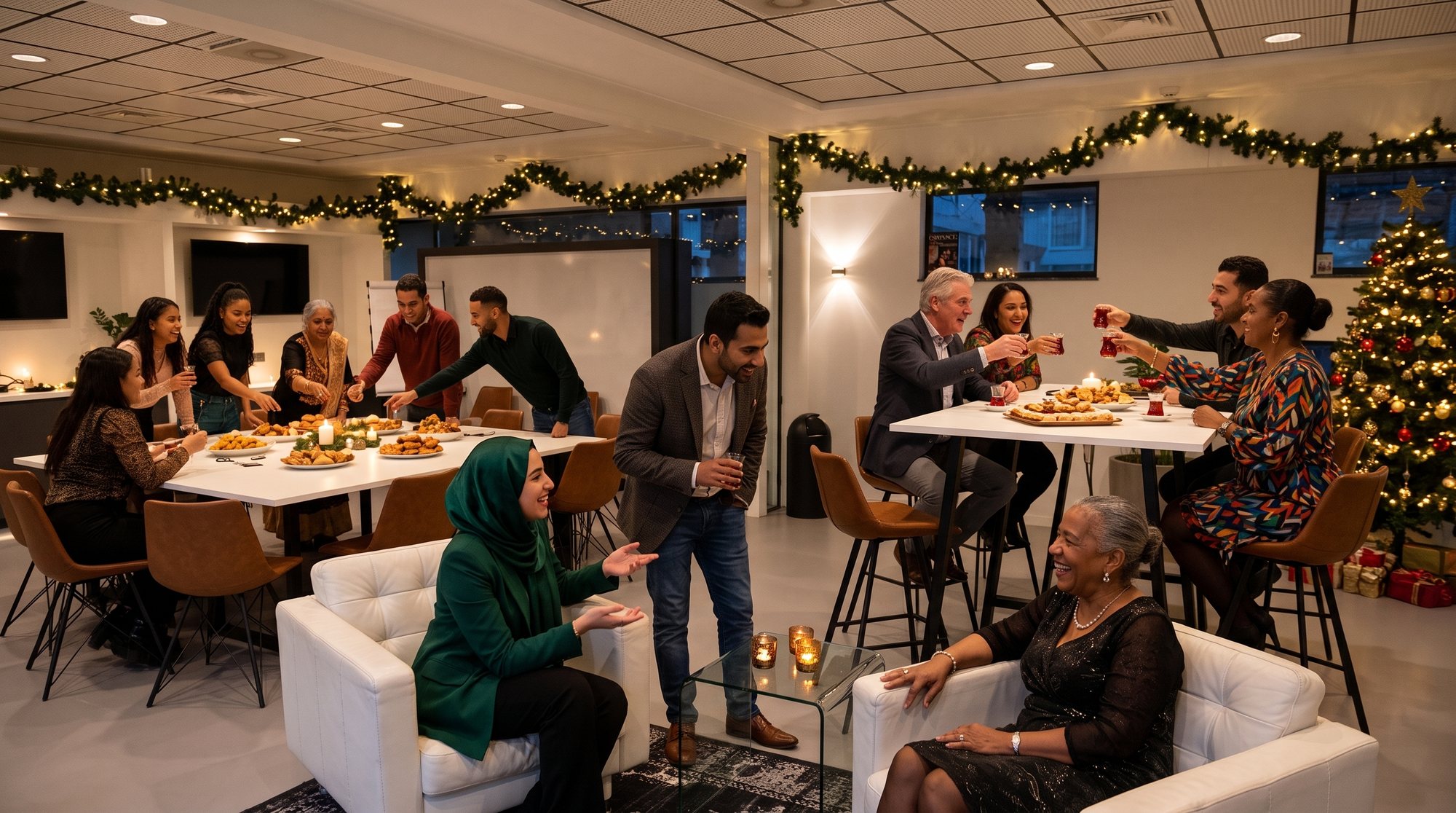 Een gemengd gezelschap van verschillende leeftijden proost en deelt schalen met hapjes en thee bij Third Place, met kerstboom en slingers met lichtjes