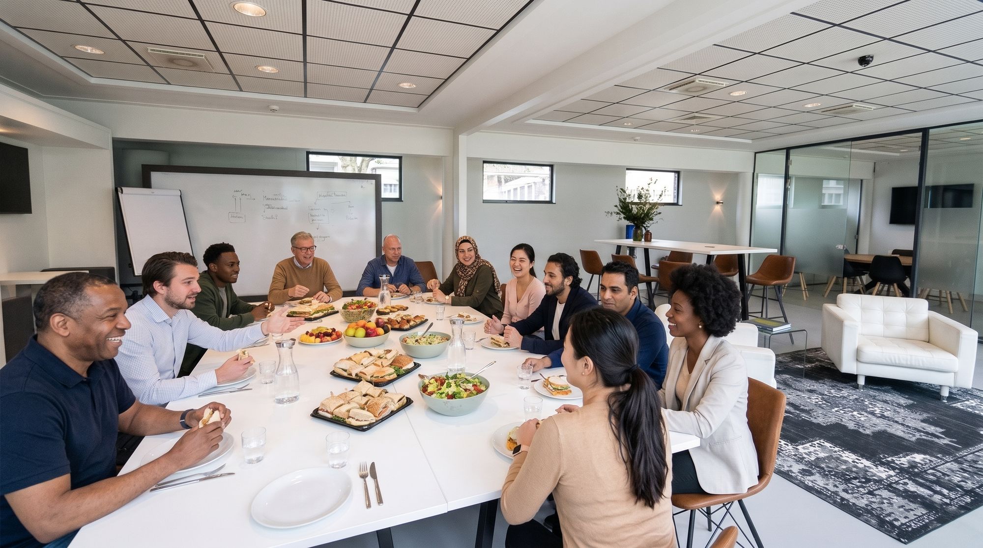 Een divers team deelt een lunch aan de grote witte tafel bij Third Place, met schalen broodjes, salade en fruit