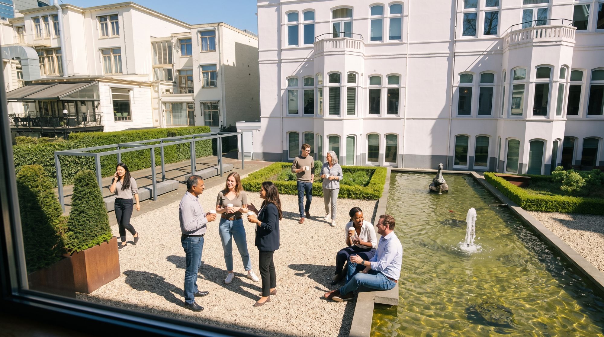 Gasten in de tuin tijdens een pauze, gezien vanuit de bovenverdieping: grind, waterpartij met fontein en het witte pand ernaast