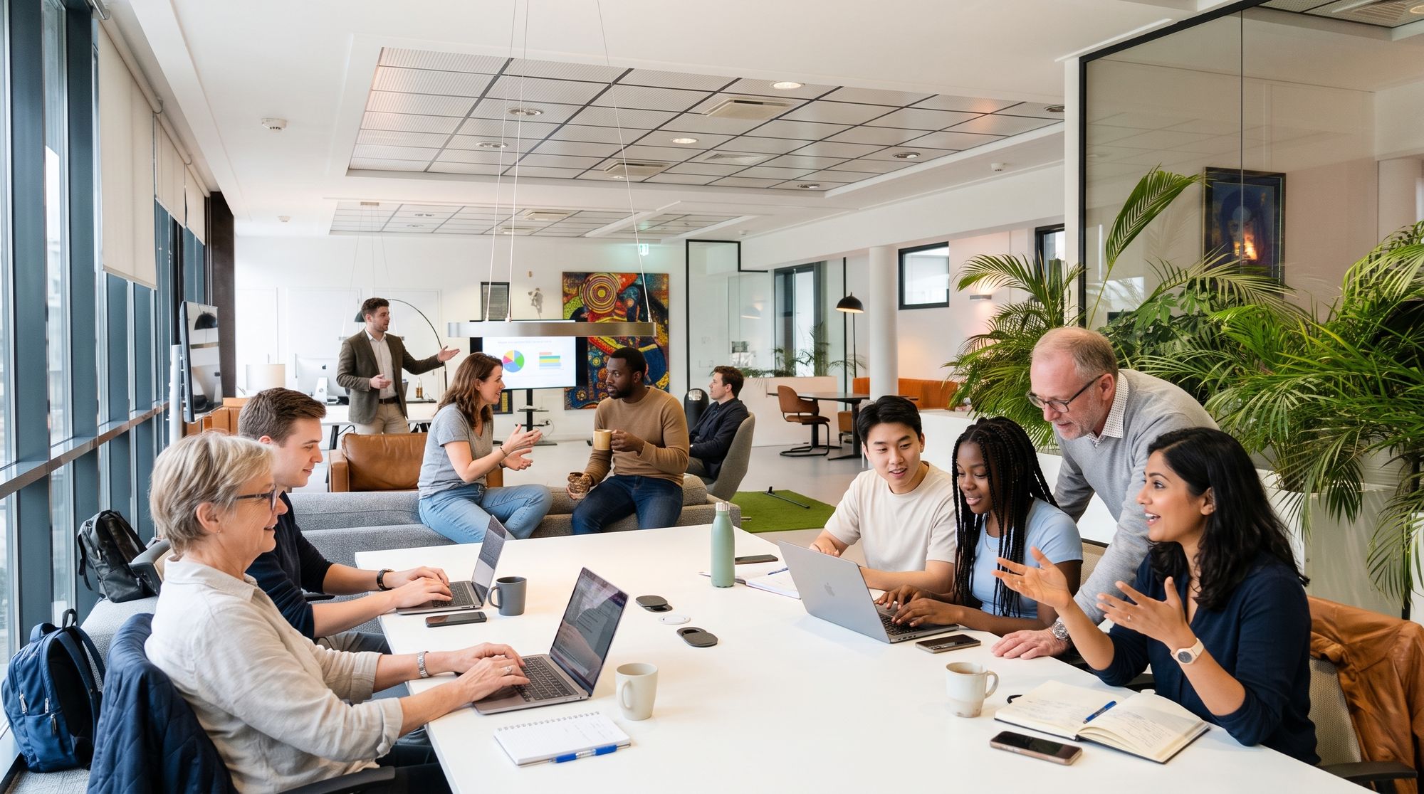 Een team werkt en overlegt aan de grote witte tafel in de lichte bovenzaal, met laptops, koffie en planten