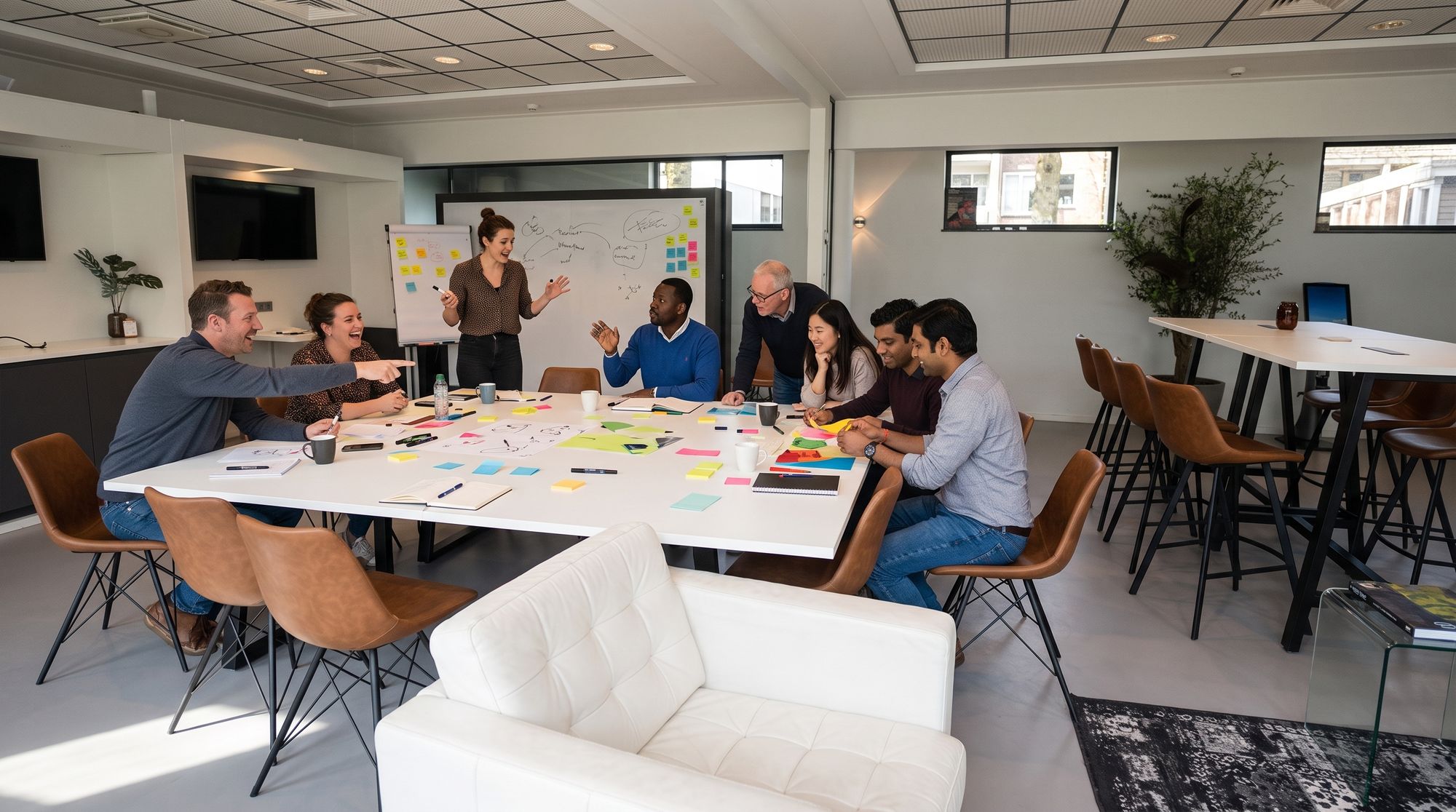 Een gemengd team werkt tijdens een workshop samen aan de grote witte tafel bij Third Place, met een facilitator, plakbriefjes en veel gelach